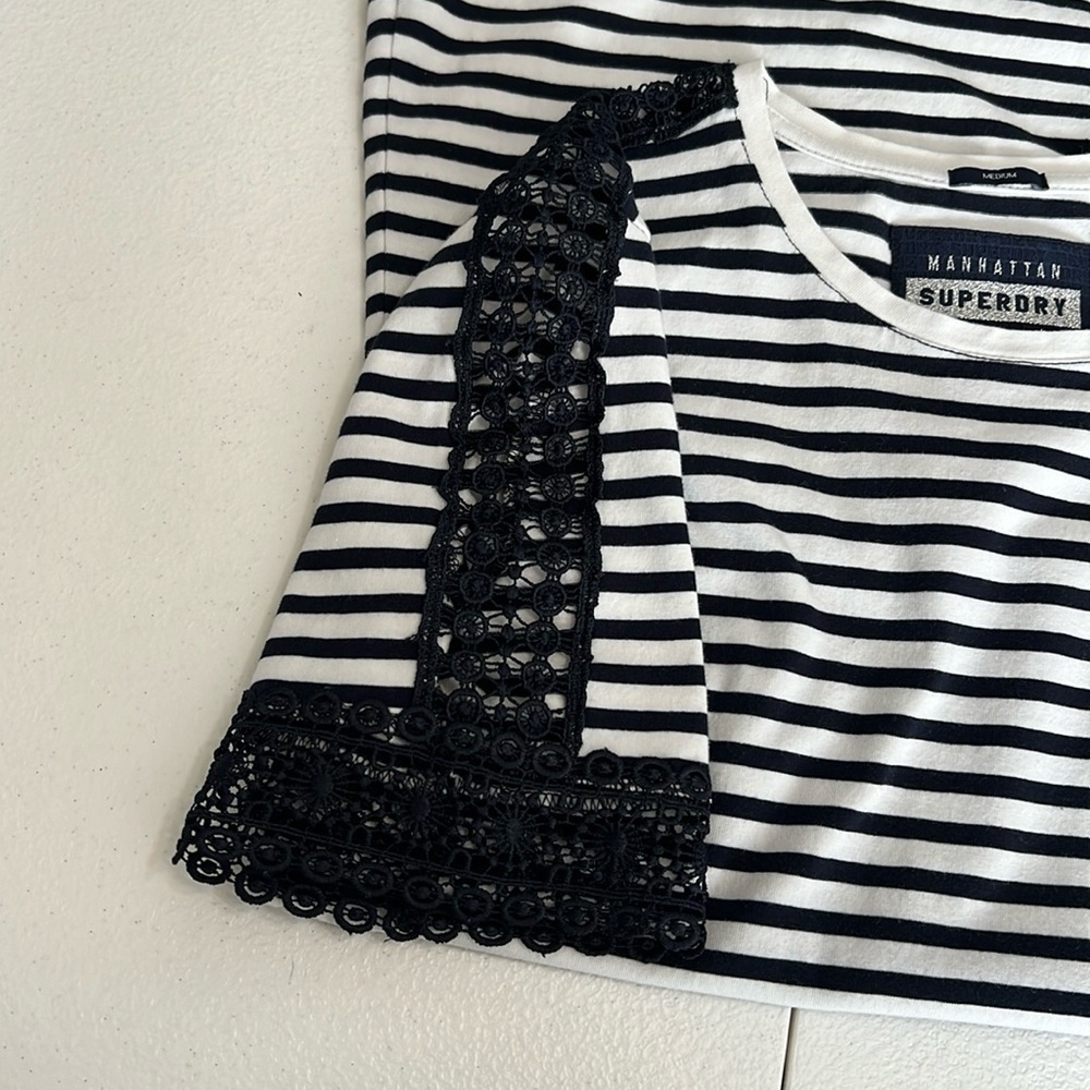 SuperDry Jersey Cotton Navy Stripe Dress Lace Sleeve Accent Sz 8 US - Picture 5 of 14